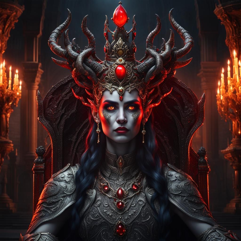 Photorealistic portrait of a majestic evil demon queen goddess with ...