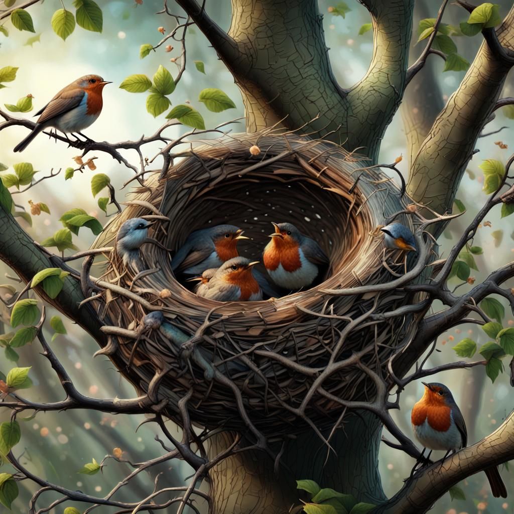 Robins in their nest  by @AInunnaki