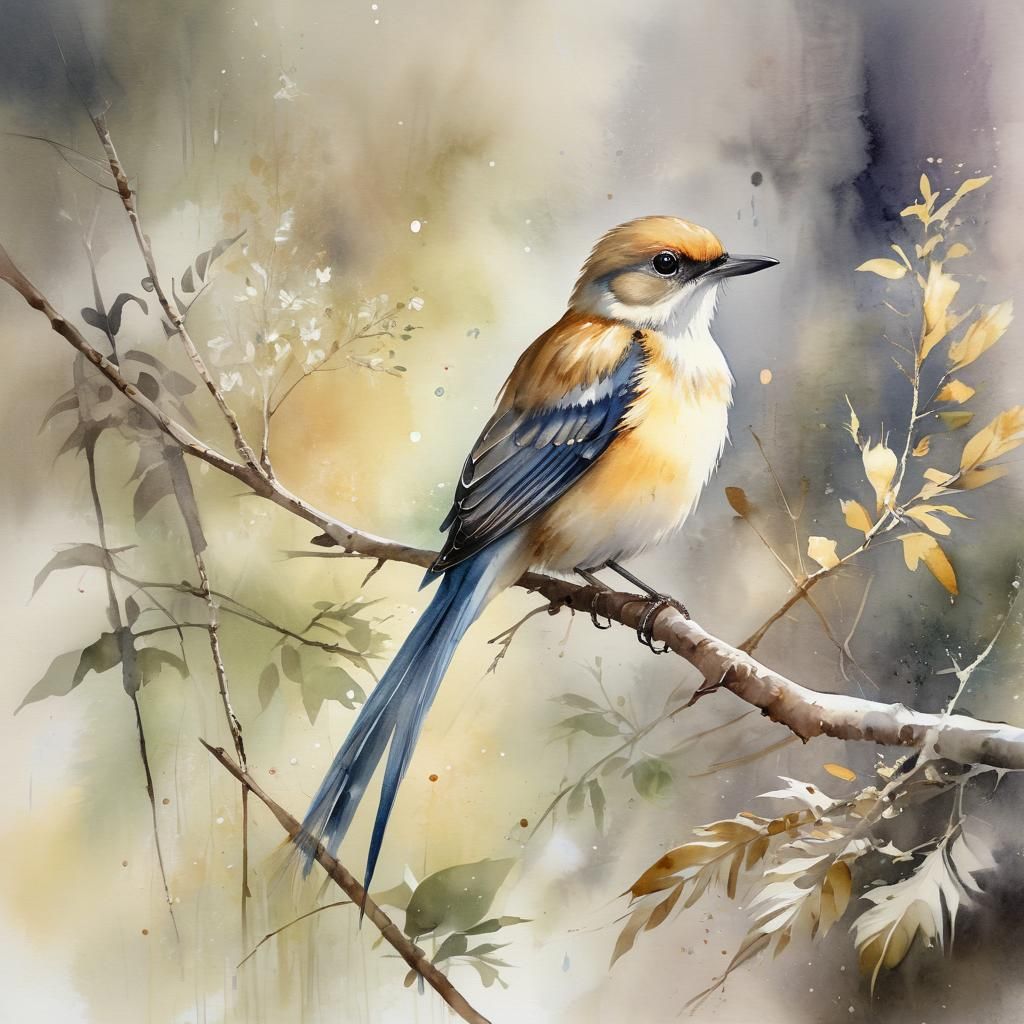 Watercolor Portrait of a Bird on Branch