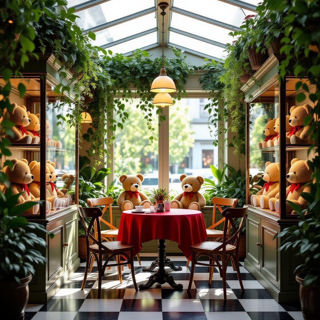 Create a hyper-realistic image of a cozy café with a transparent glass ceiling. Around the perimeter, lush green plants and vines grow in ce...