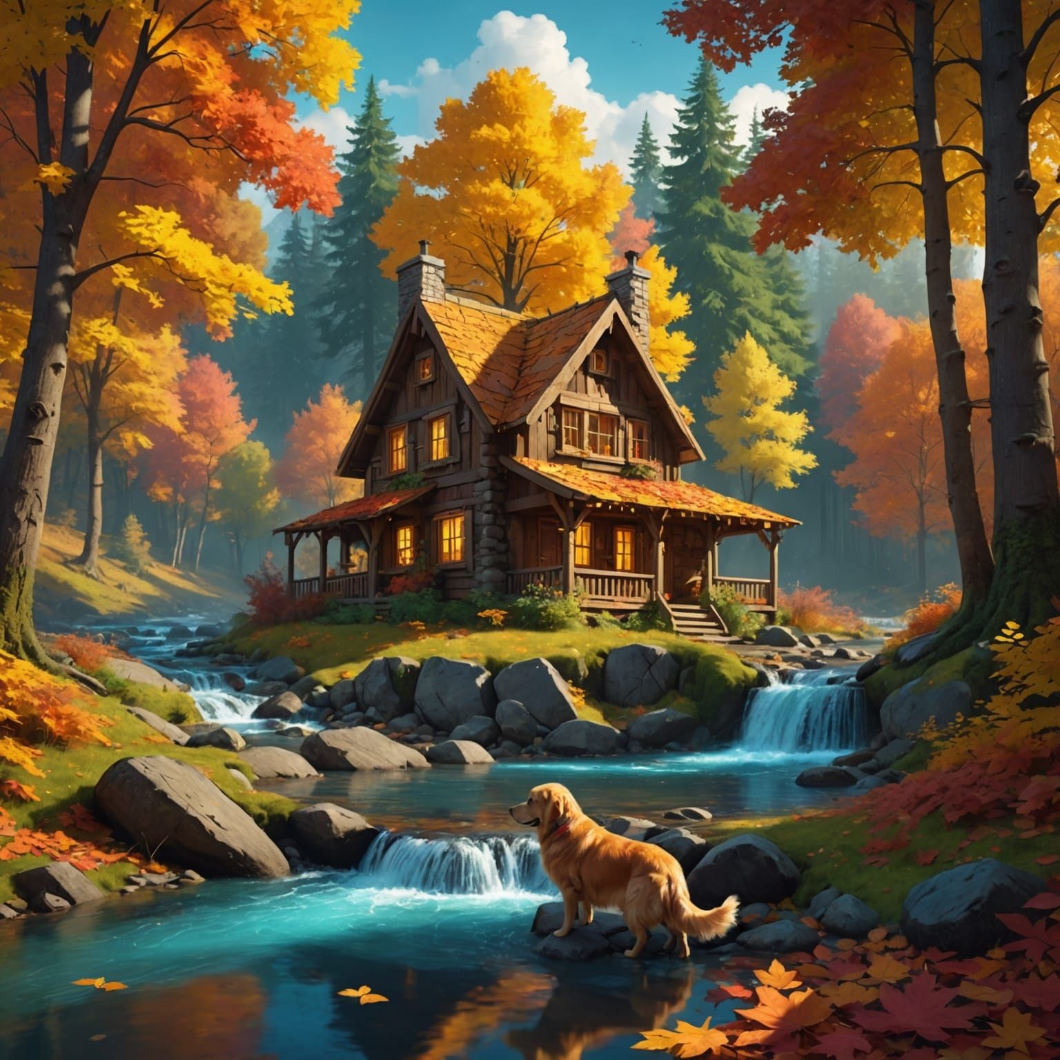 A majestic wood cabin in a magical forest with a golden retriever sleeping outside. Autumn vibes. Foliage. Leaves. Trees. Nearby aquamarine...