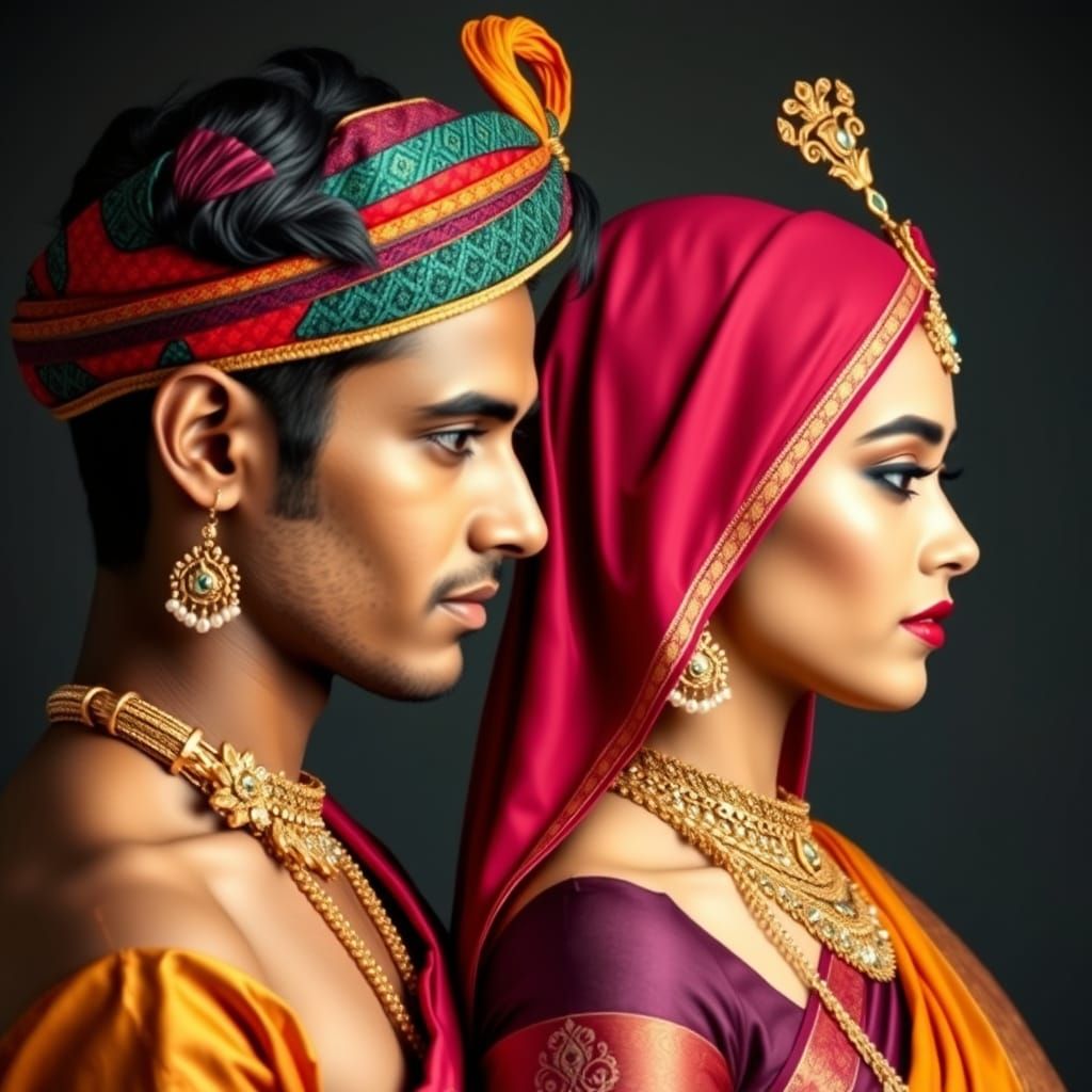 a male and female side view of faces only, no shoulders, in Indian princely garb both heads facing the same direction with male overlapping ...