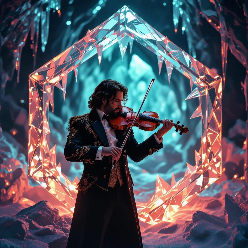 Man in Splendor Plays Violin in Crystal Ice Hexagon