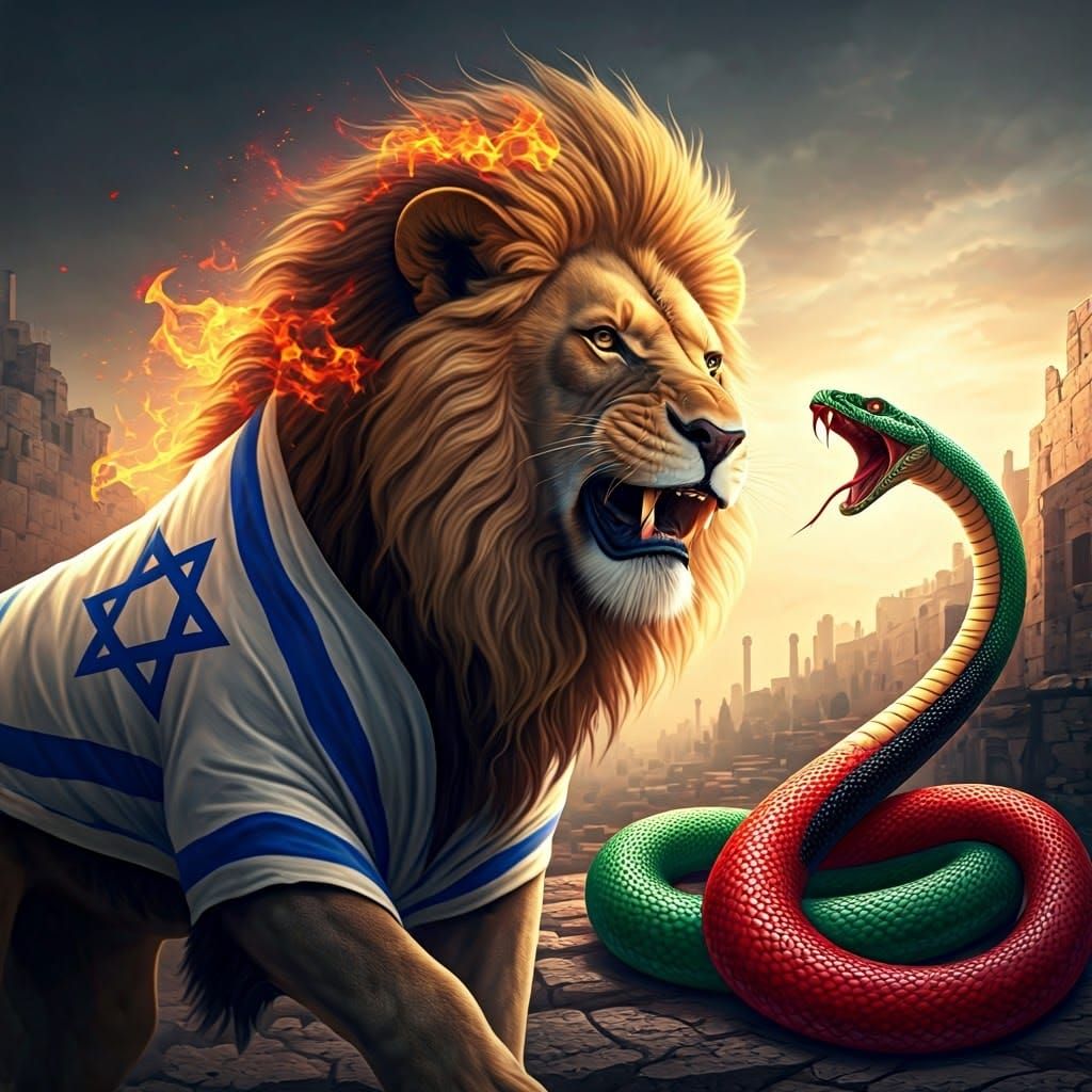 אריה אימתני עטוף בדגל ישראל

פוער פה ומתעמת עם נחש צבע בצבעי דגל פלסטין (אדום שחור לבן וירוק)

האריה מנצח!