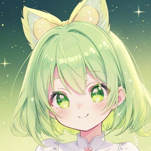 Cute Green-Haired Cat Girl in Anime Style