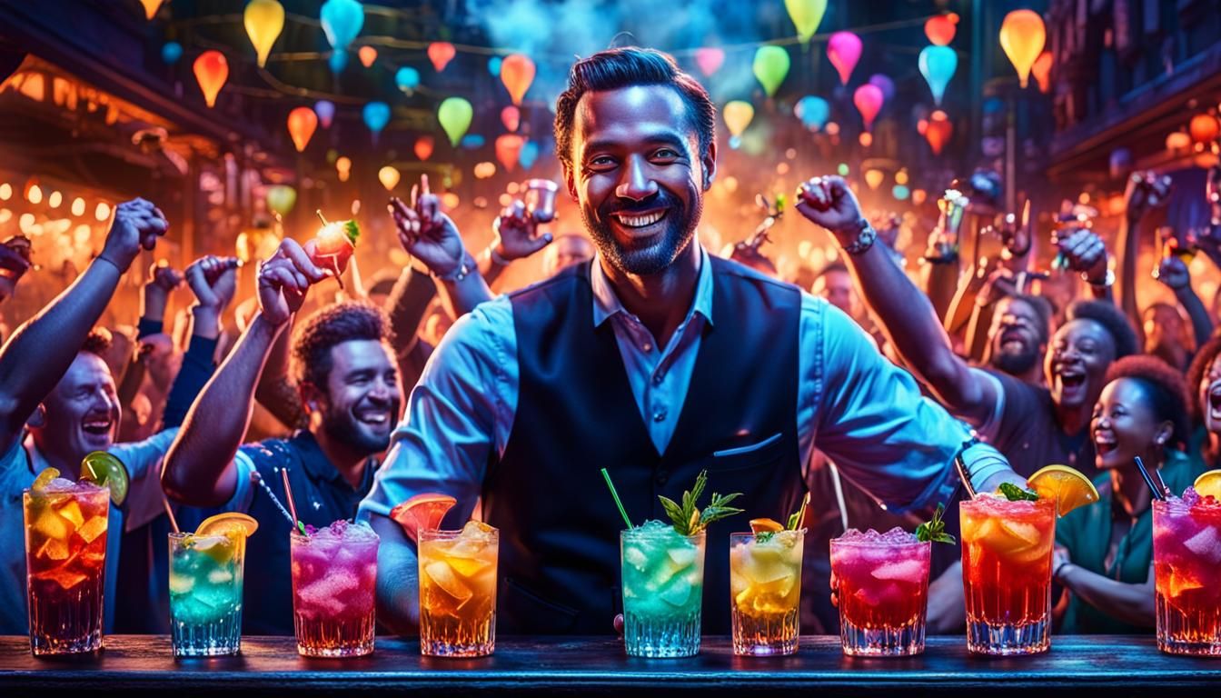 bartender crafting signature cocktails in front of a cheerin...