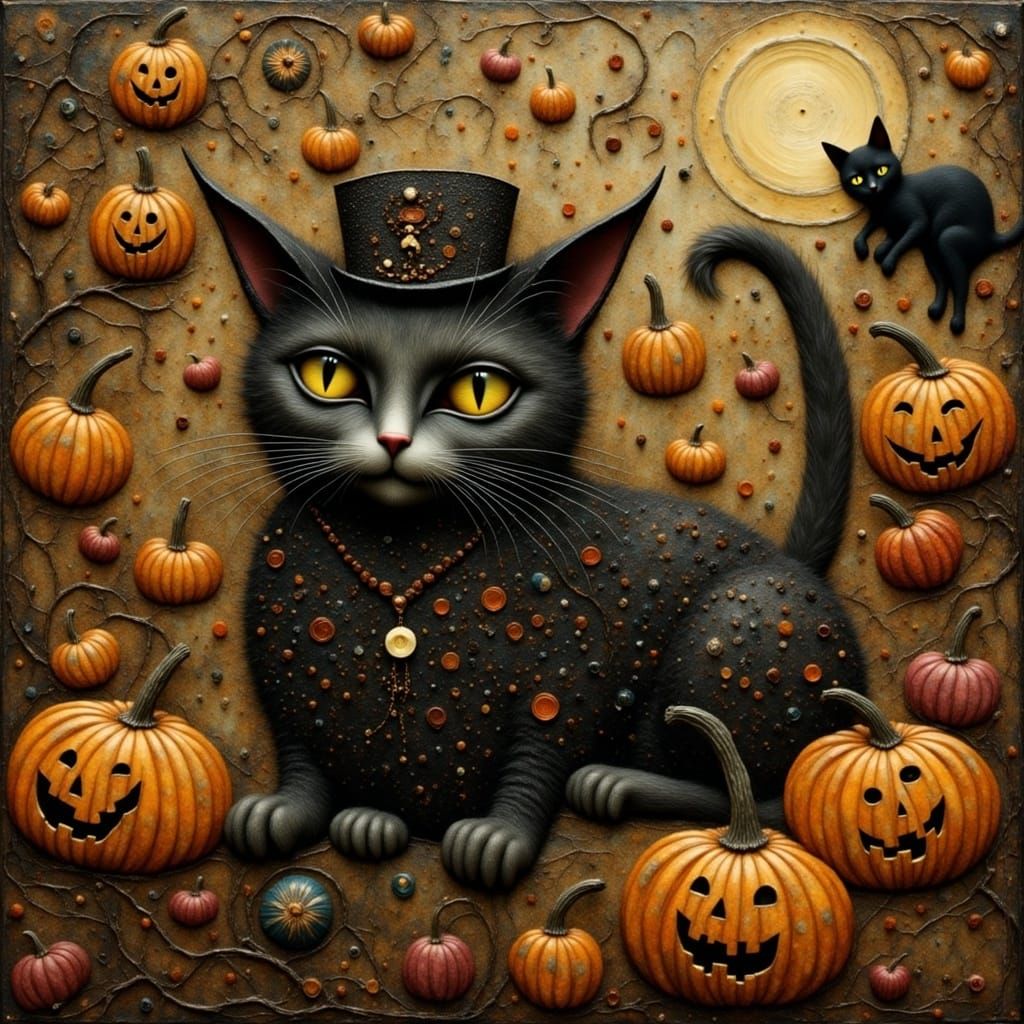 <lora:Kitty:1.0>  victorian halloween pumpkins ghosts black cat
