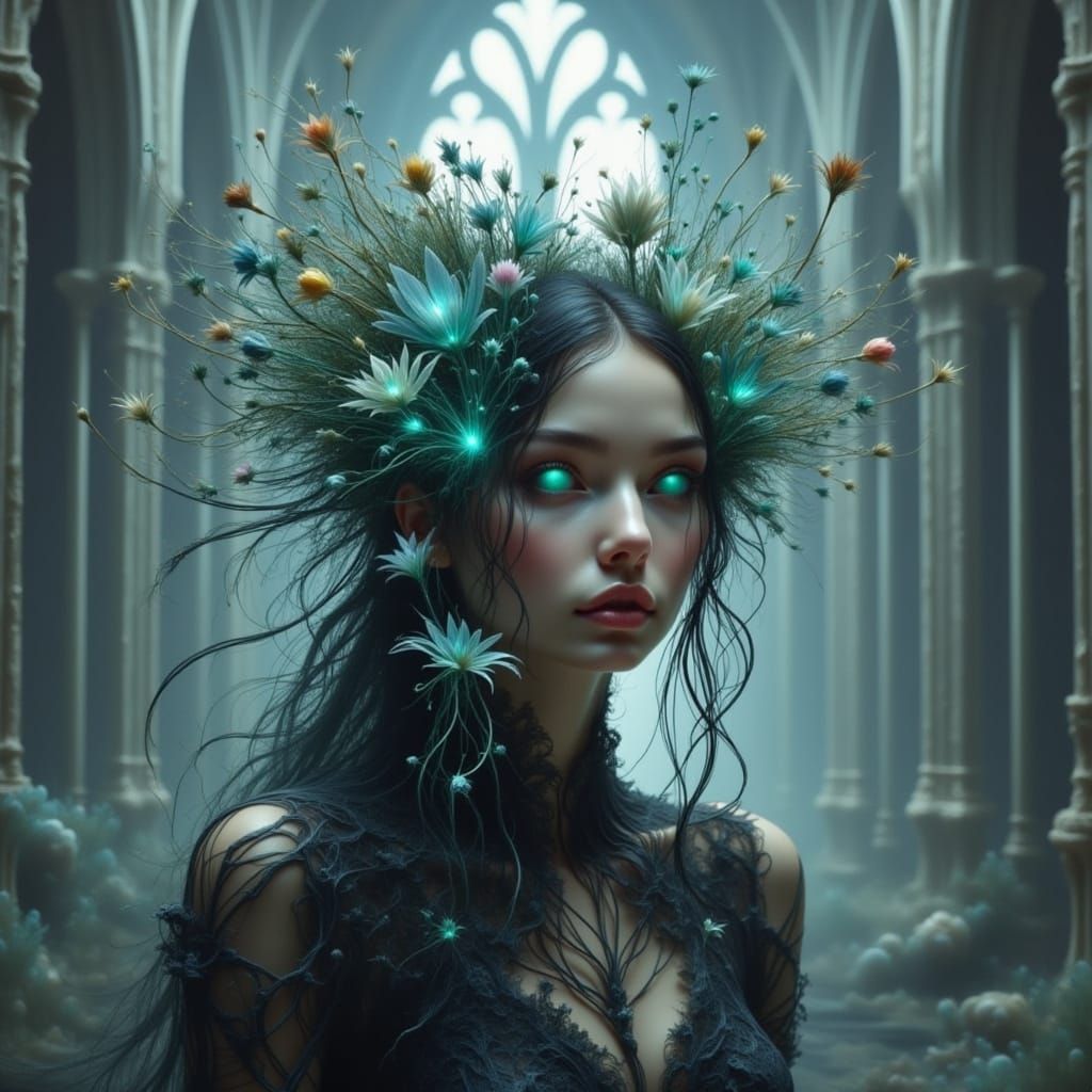 Ethereal Bioluminescent Woman in Gothic Cathedral