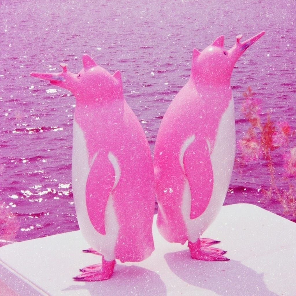 <lora:doublxposefilmglitch:1.0> Pink penguins peacefully paint perfect polka-dot purple pyramids double exposure film glitch