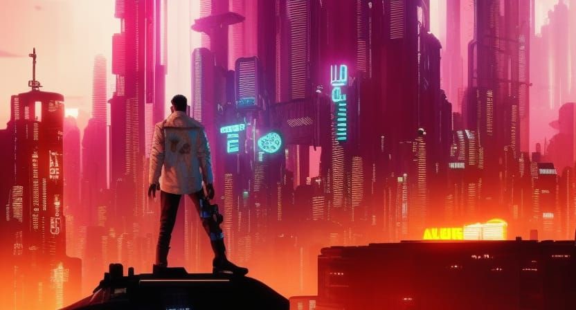 At a lonely evening in a mega city a AI augmented old man wr...