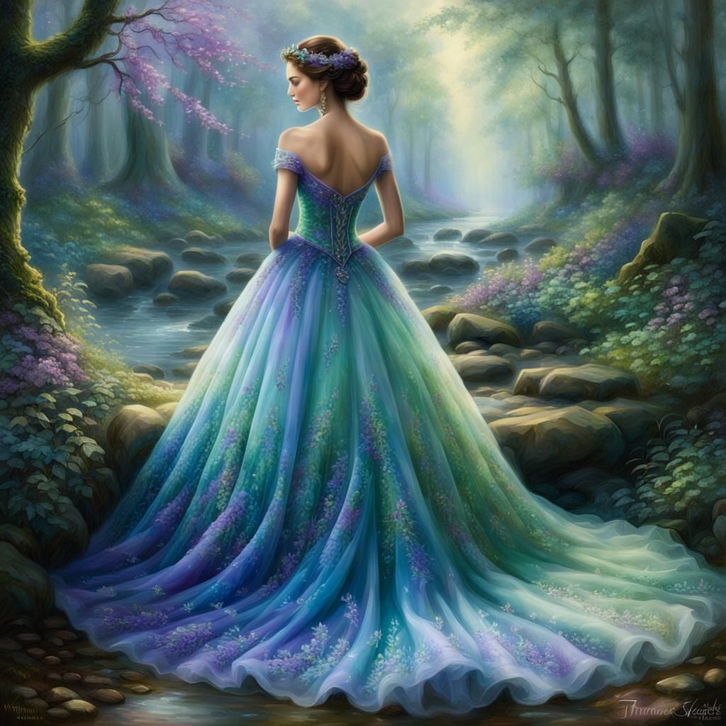 Purple and blue and green wedding dress on a beautiful woman...