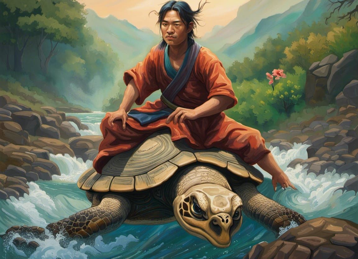 1 young ancient Chinese man in rags on the back of a turtle crossing wild river, vibrant, intricate detailed