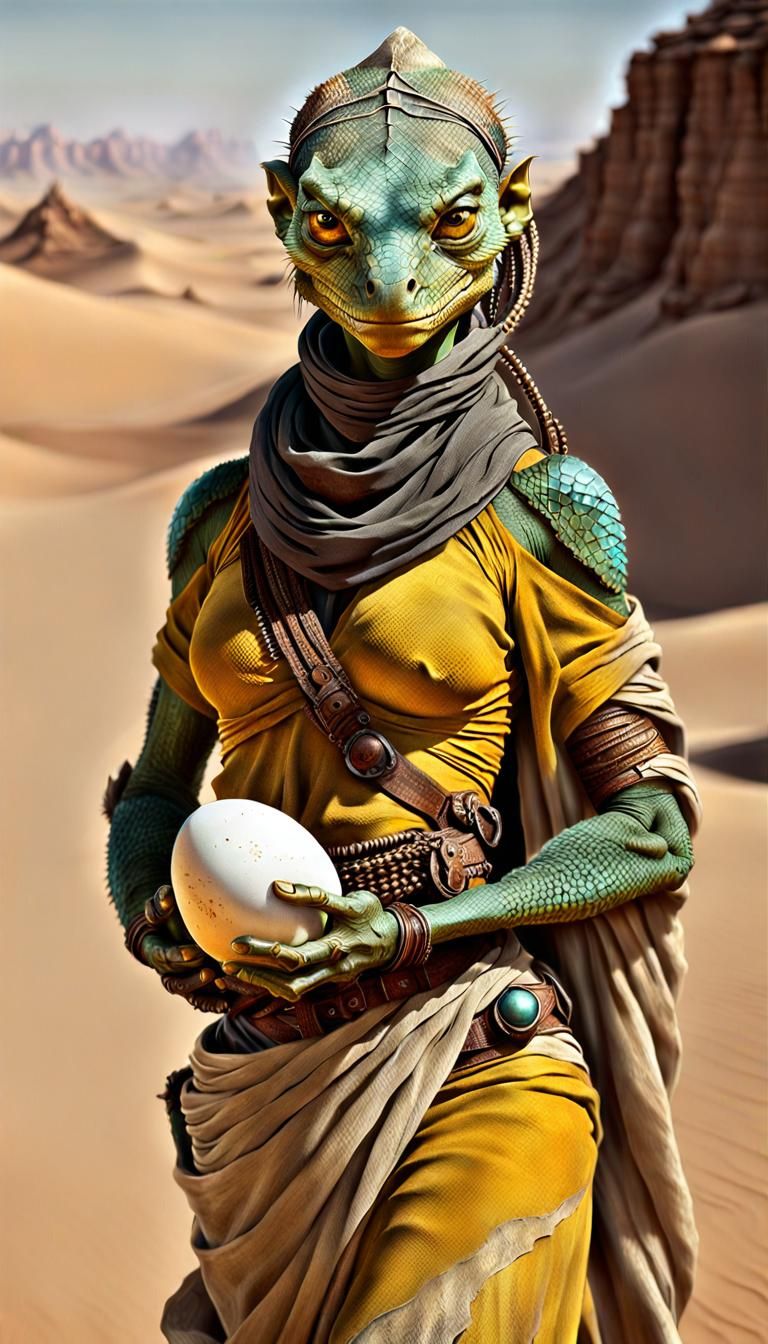 Wasteland. A young lizard woman carries her egg in her arms. She's a mother. Her yellow and scaly skin is in tone with the surrounding deser...