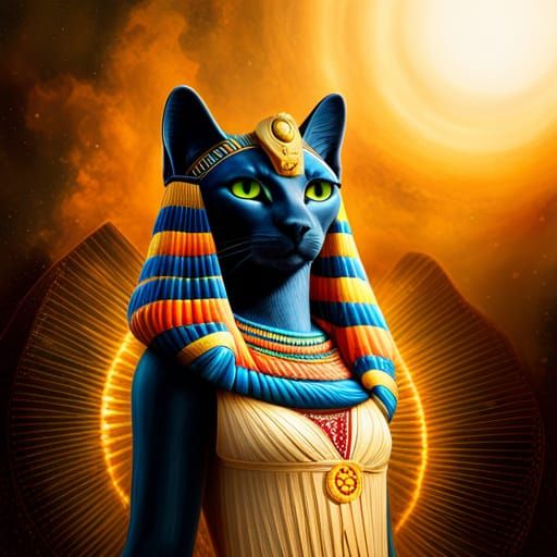 Bastet ancient Egyptian black cat goddess, wearing a sun disc crown, with her striped wings spread open, ...  by @SueL