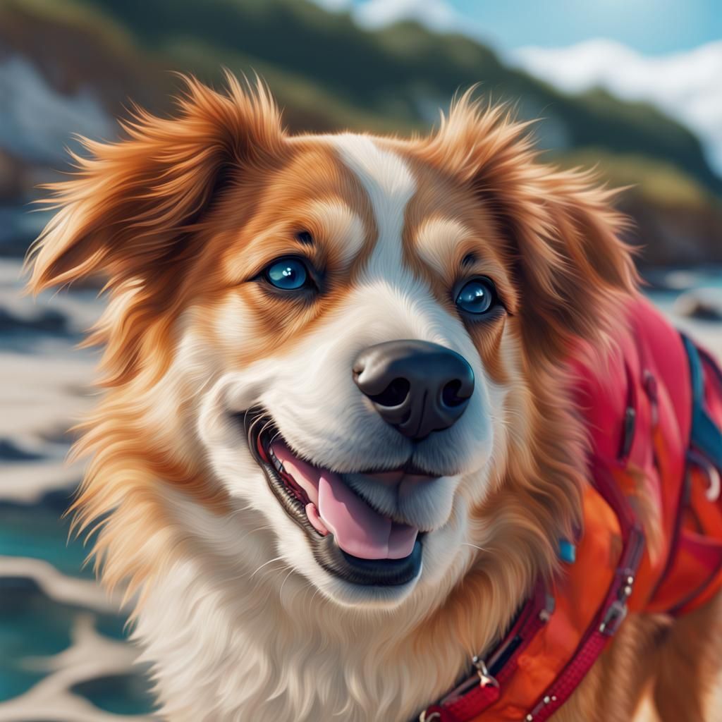 smiling dog on beach, blue water, vibrant sky, 8K resolution, intricate ...