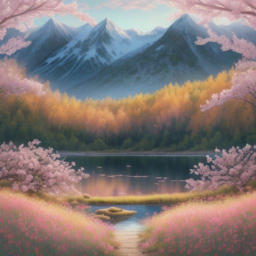 Art Nouveau Elk Beside Blooming Cherry Orchards at Sunrise