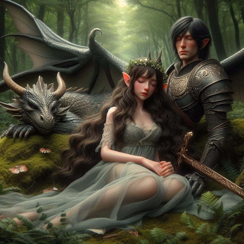 Fairy and prince (knight) asleep and guarded by friendly dragon