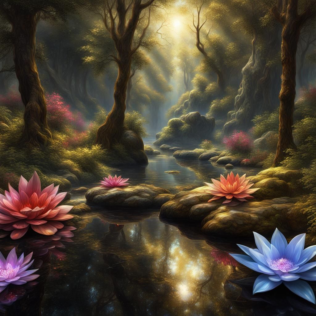 Garden Landscape with Pool of Clear Water