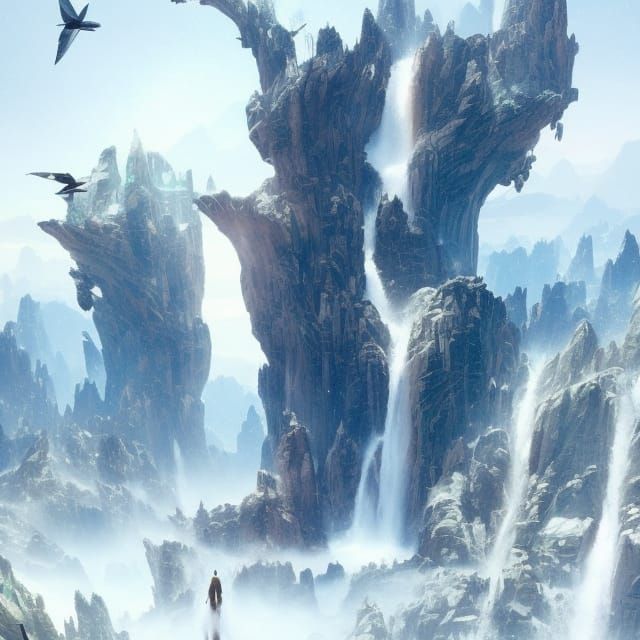 Futuristic Sci-fi mountains and waterfalls by WLOP beeple Gr...