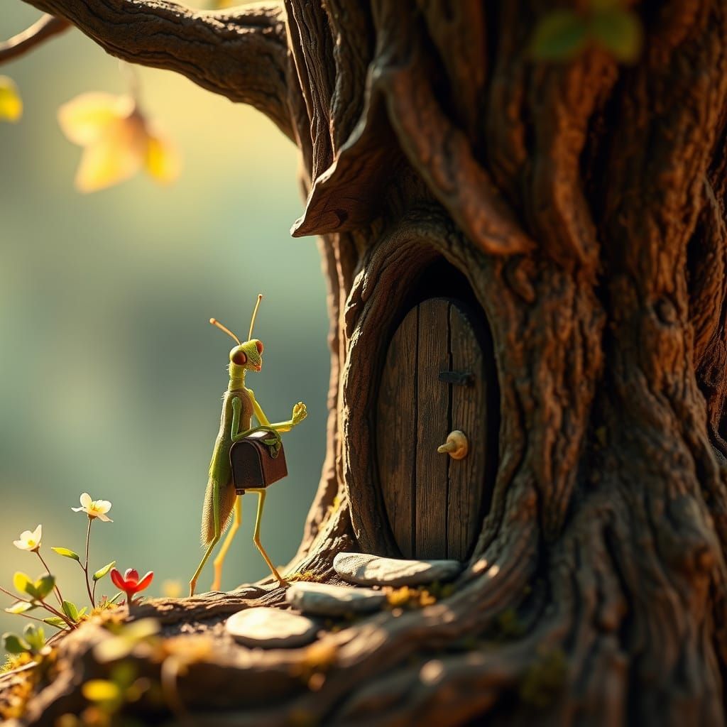 A mantis outside a tiny front door embedded in the base of a tree  by @Twinkletoast