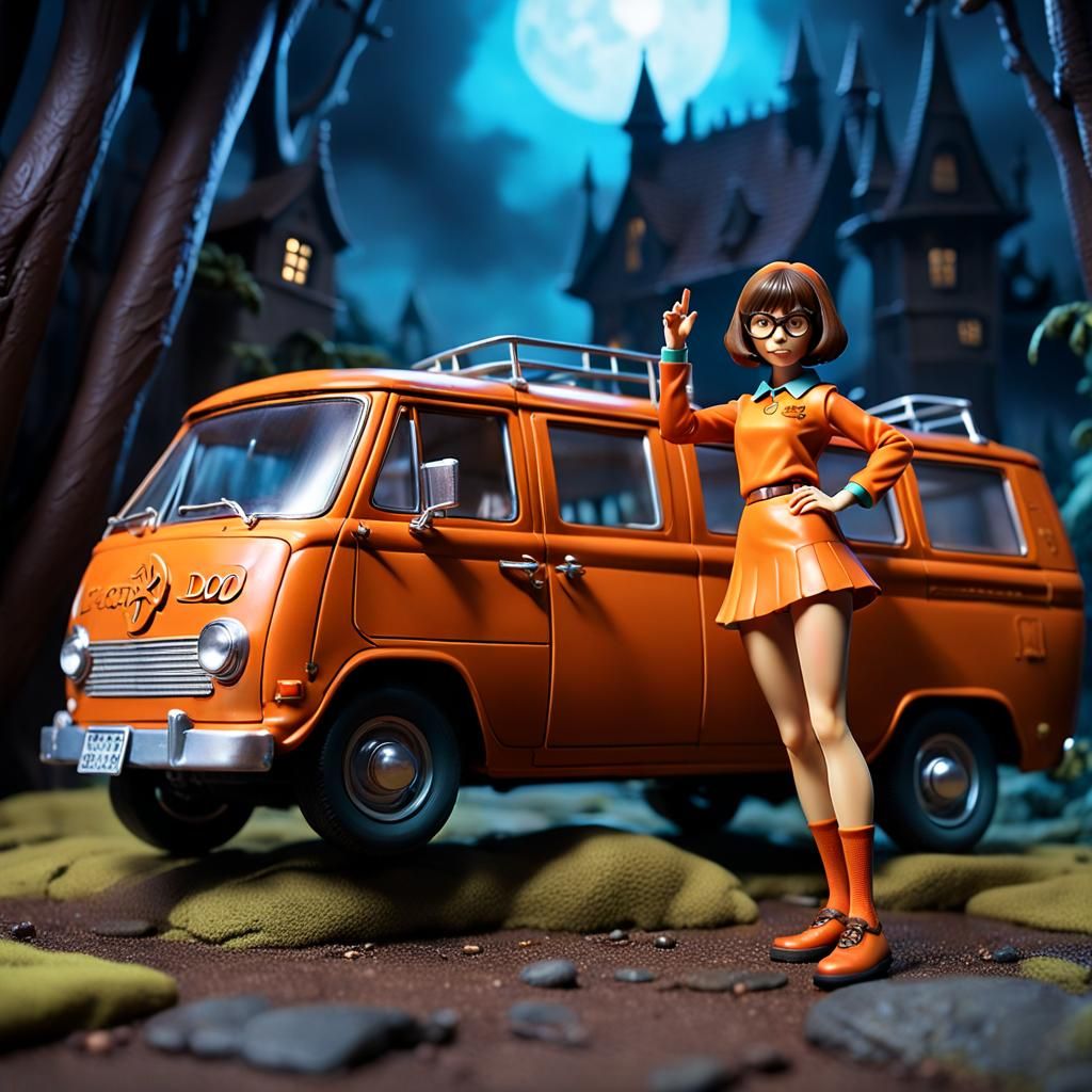 Action figure of "Velma Dinkley" near the "Mystery Machine Van" from "Scooby-Doo" as dettaild macro photo. ...  by @undefined