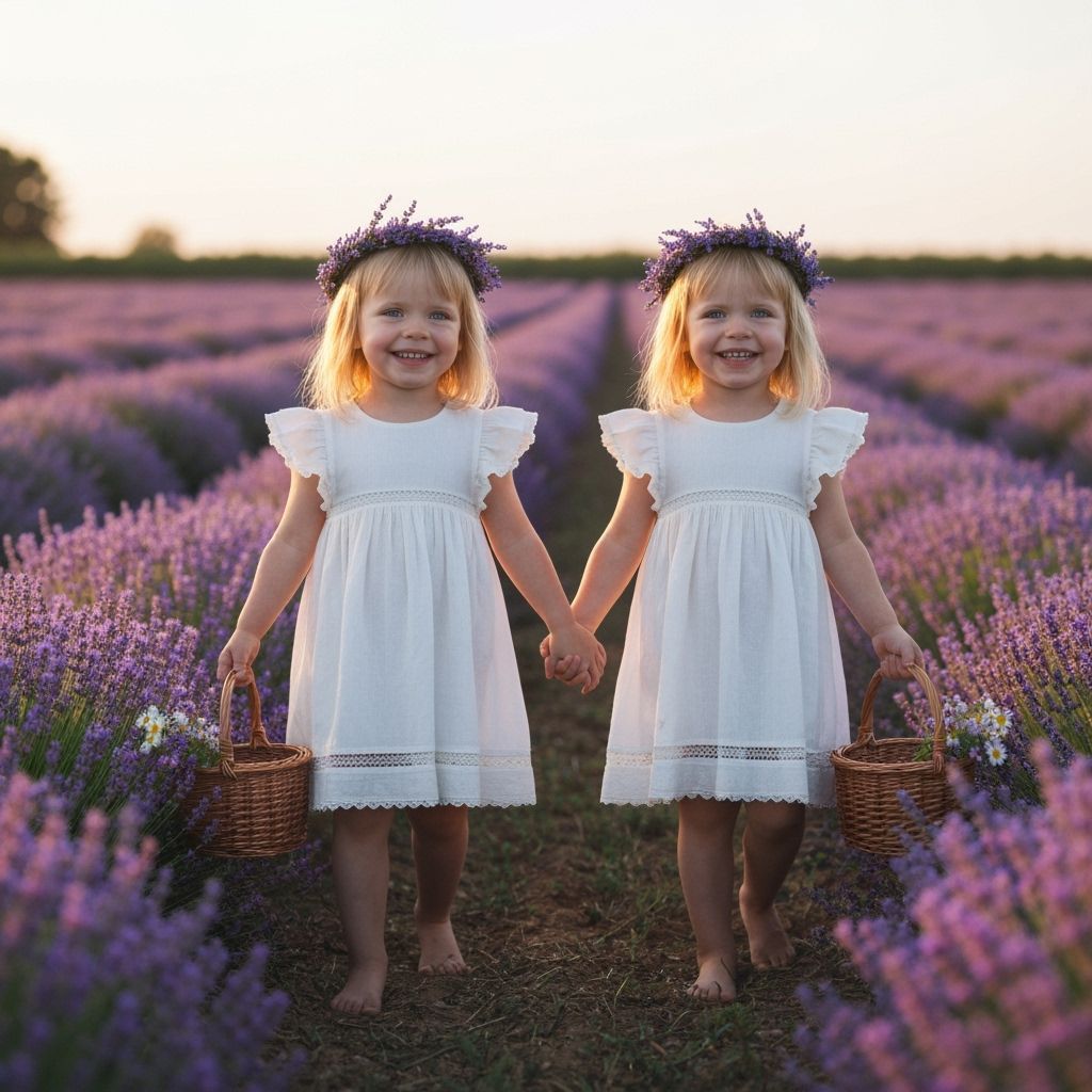 Twin Girls in Lavender Field at Sunrise