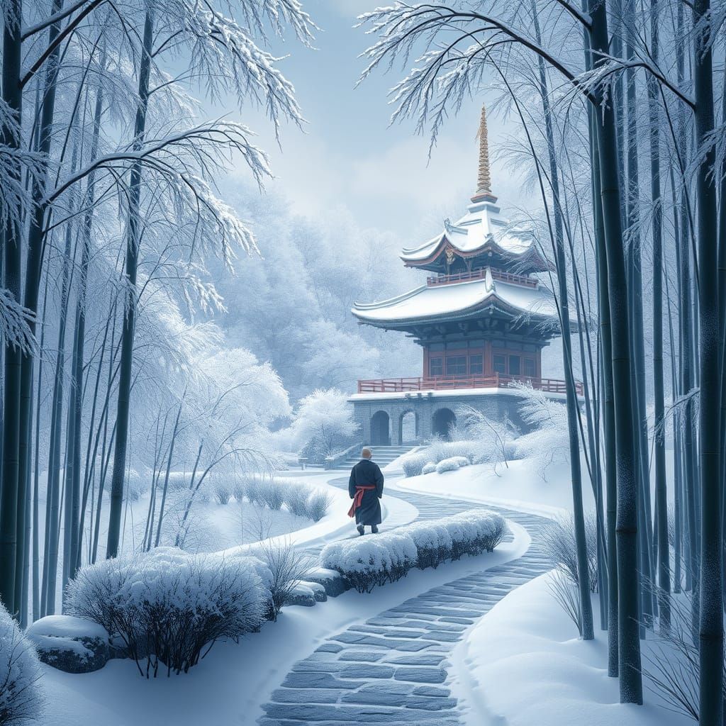 Winter landscape. A snow-covered Japanese temple nestles among frosted bamboo groves.  by @Shebali