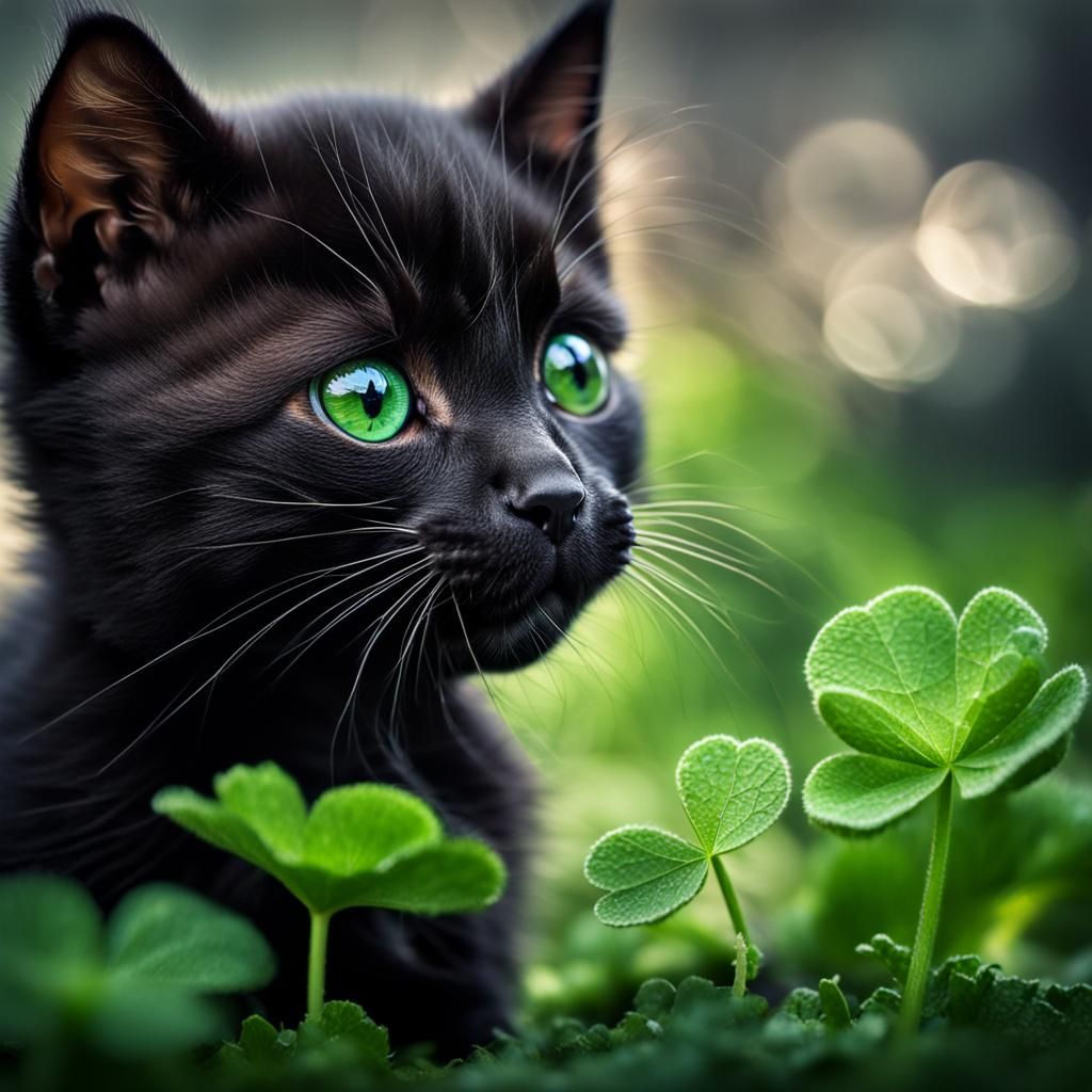 Lucky Black Cat in Clover  by @Leonardo