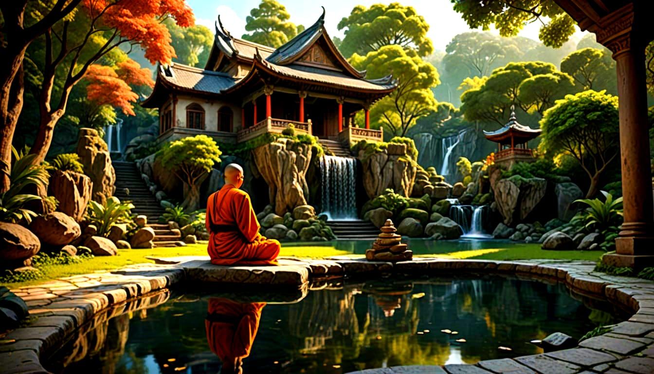 The Most Relaxing Place A serene landscape depicting an ancient temple complex flanking a large waterfall, which plunges into a tranquil poo...