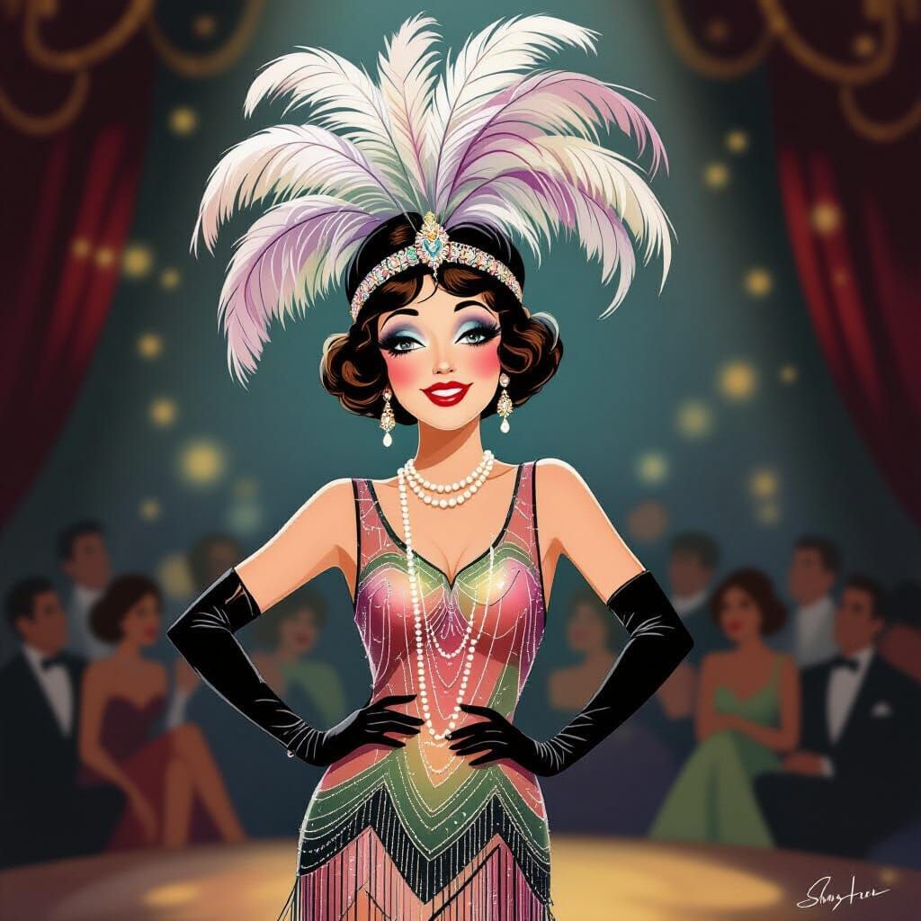 A glamorous showgirl from the roaring twenties, her features playfully exaggerated with large, expressive eyes and a dazzling, oversized smi...
