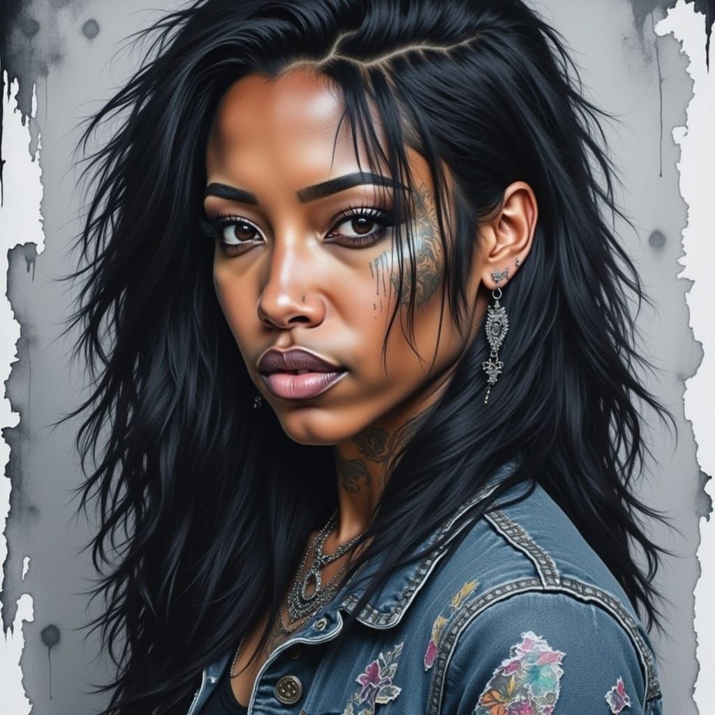 <lora:Scruffy Intensity:1.0> watercolor alcohol ink artistic portrait, young black woman portrait, gray denim jacket, grunge, poster style,...