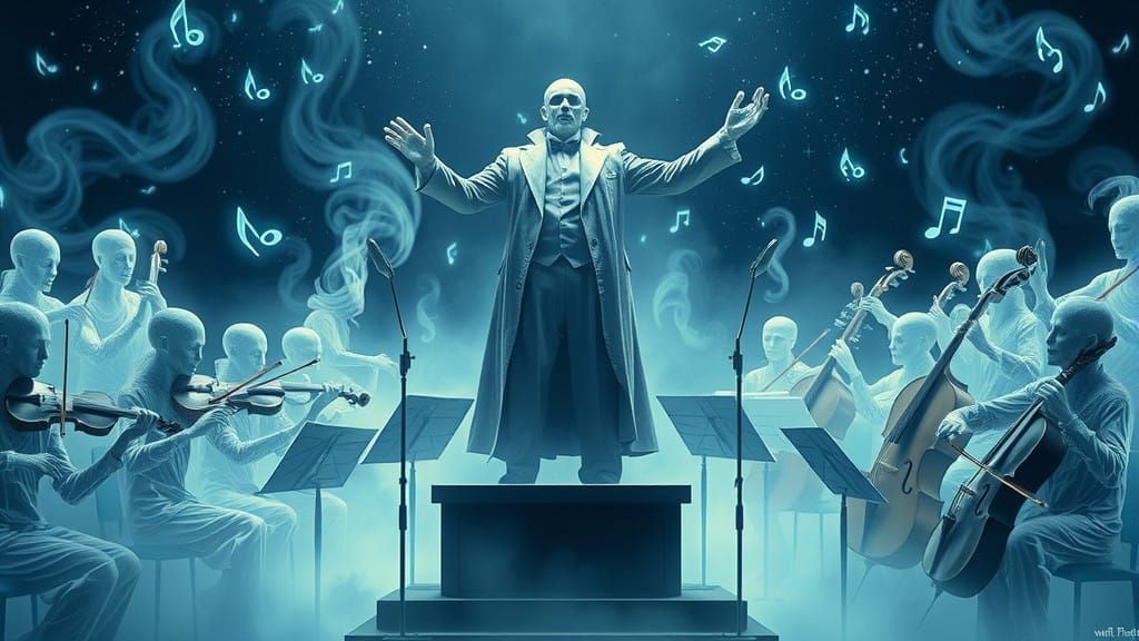 A ghost conductor leading phantom musicians as they play, with flowing notes and music surrounding them. ...  by @KOSH