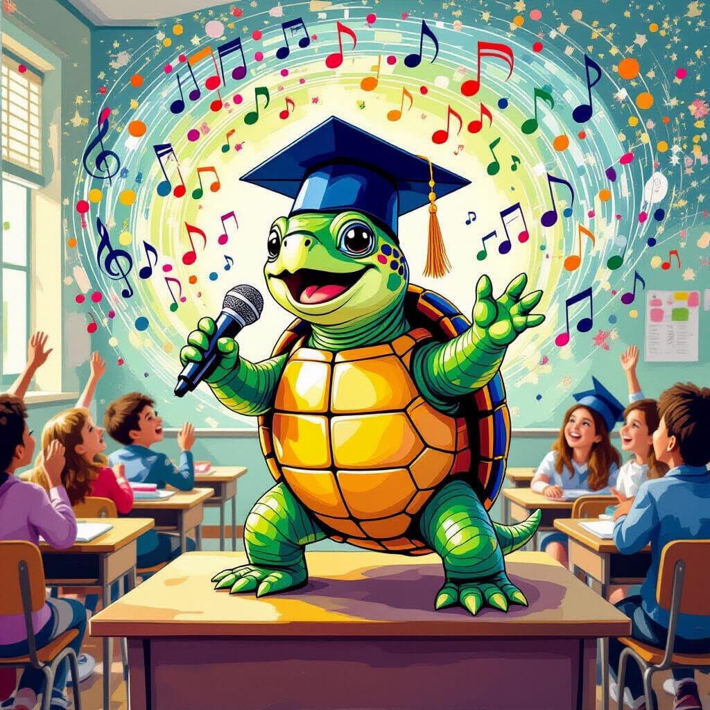 Singing Turtle Celebrates Graduation in Pointillist Style