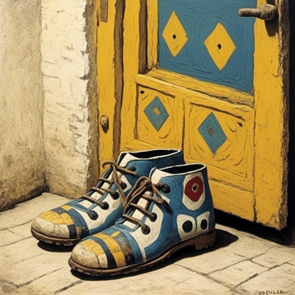  <lora:Dubuffet Dolls:1.0> A pair of shoes left by the door