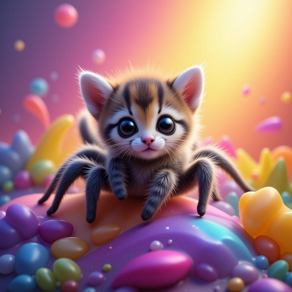 An adorably cute, fluffy, furry kitten spider with bright, curious eyes delicately perched on a vibrantly colored flower. The scene is bathe...