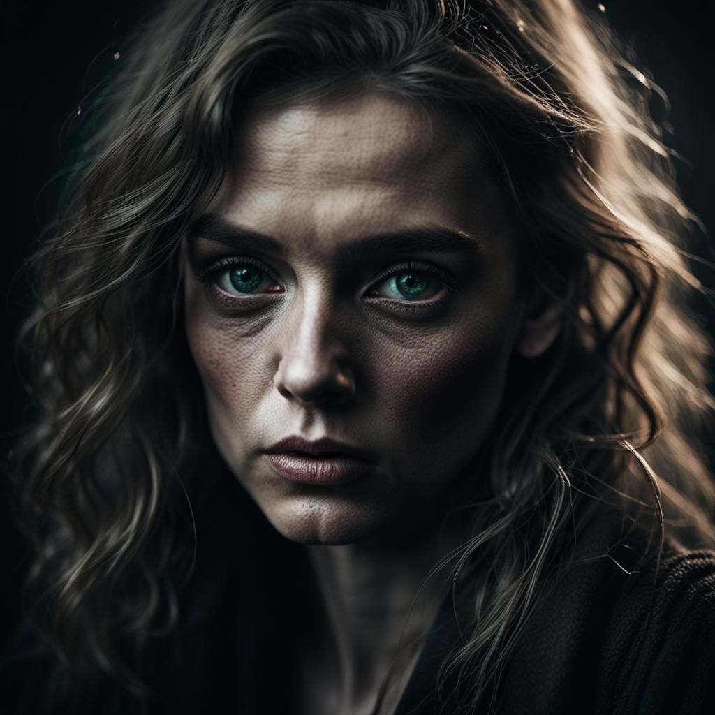 Mysterious Femme Fatale Close up portrait, ambient light, Ni...