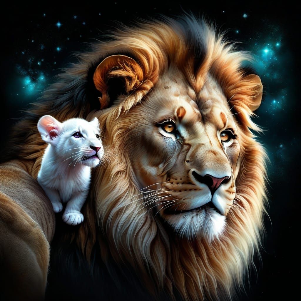 Lion looking down at the white small cub