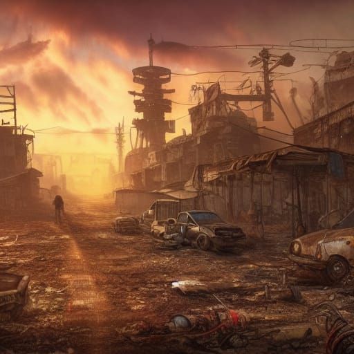 bright, colorful, and happy  post-apocalyptic wasteland in a...