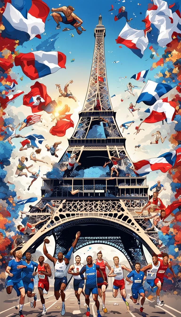Comic style poster of France 2024, with the Eiffel Tower and...