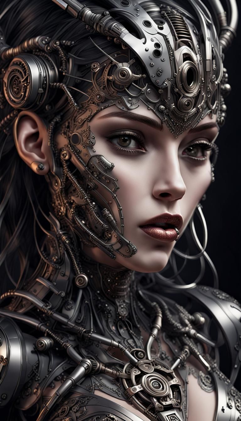 a woman’s face in an evil design, in the style of techpunk, dark and ...