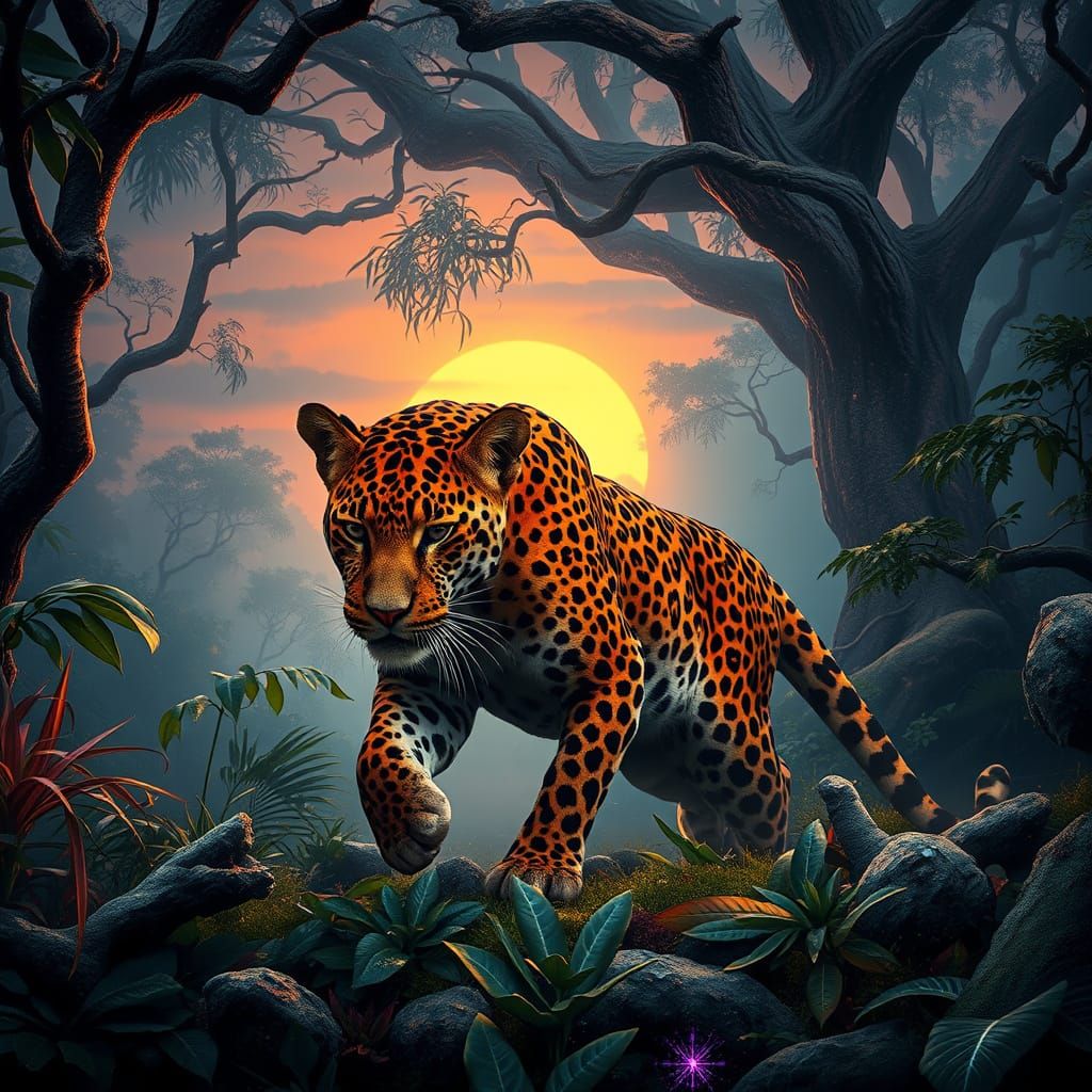 leopard hunting in the rainforest at sunset  by @undefined