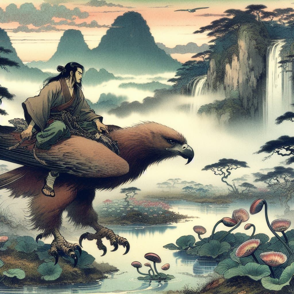 Traditional Japanese Print Art of a Handsome Rider on an Eag...