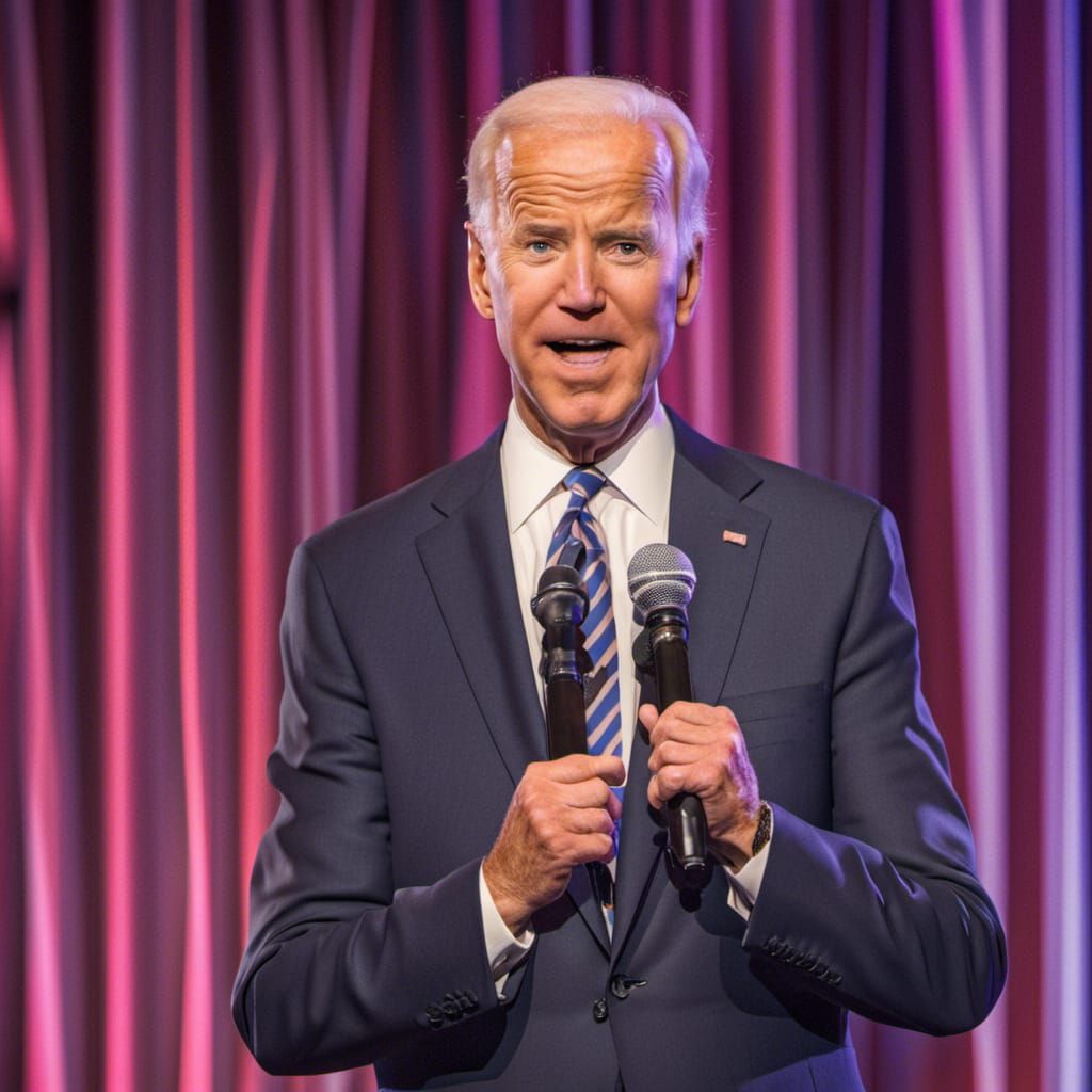 Joe Biden doing stand up comedy on stage in a comedy club
