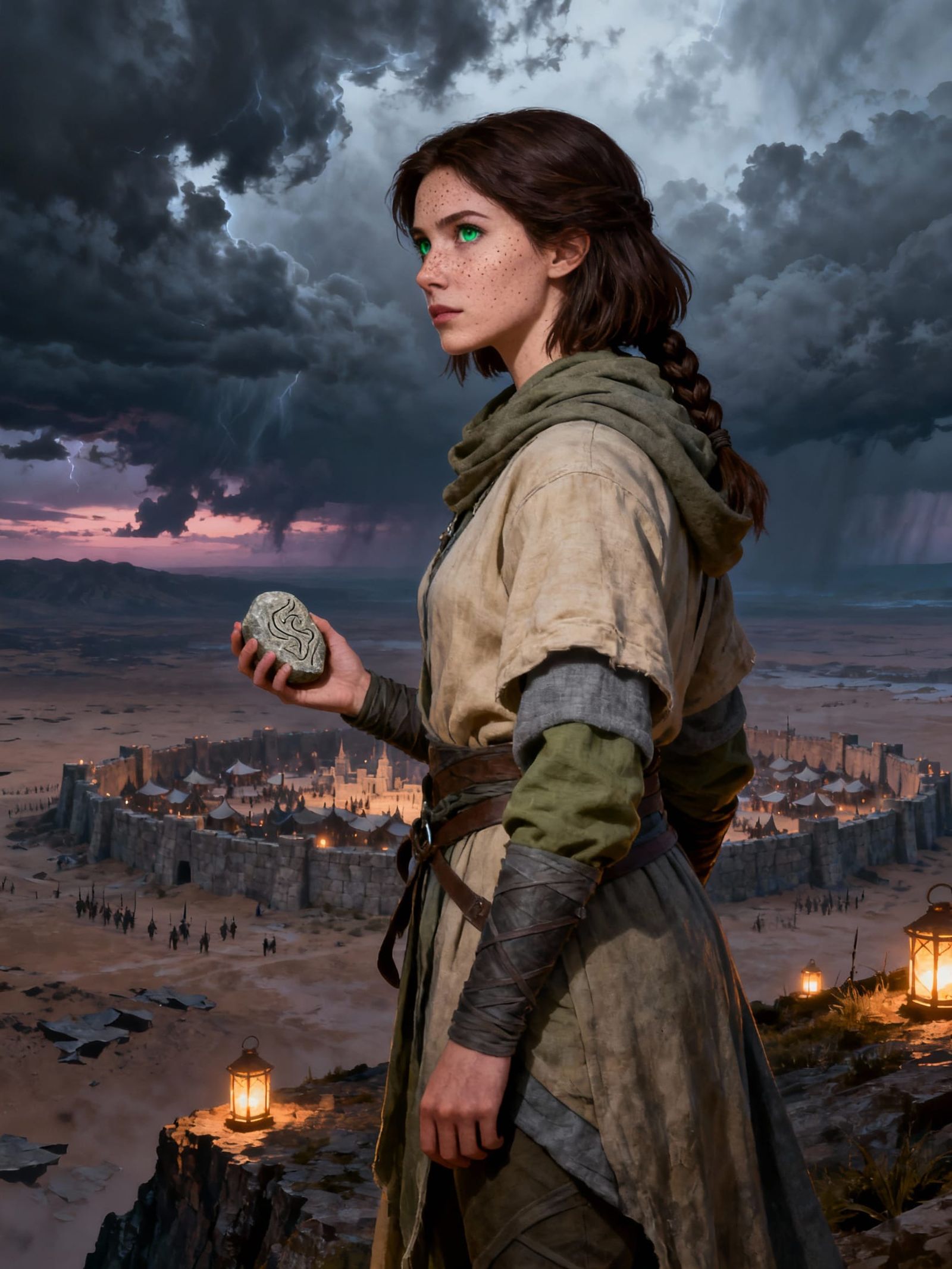 A strong, determined woman of Shinovar descent, medium-length dark brown hair tied back in a practical ...  by @Ager