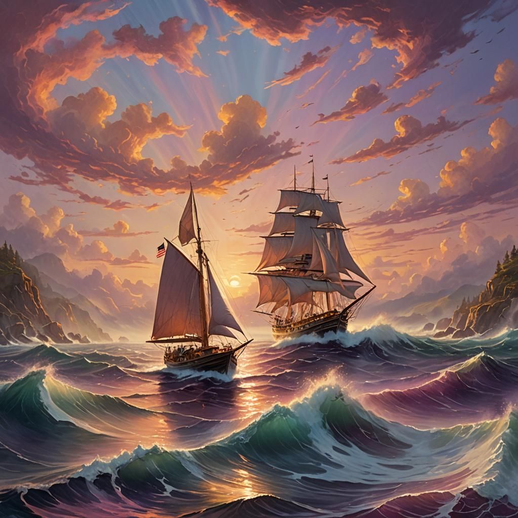 Sailboat Navigates Misty Sea in Dreamy Landscape