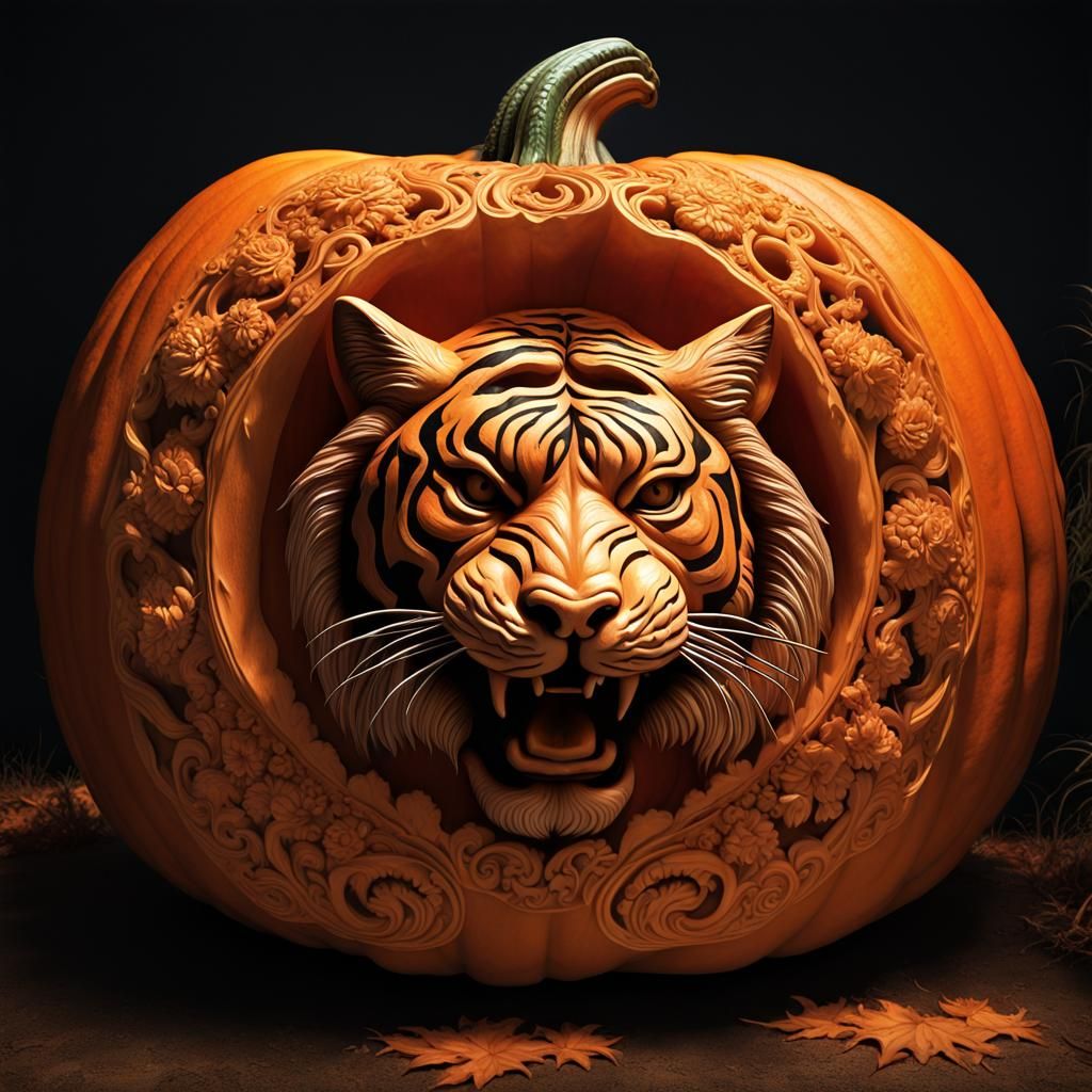 Intricately carved Giant Pumpkin, Tiger, framed with intricate filigree  by @undefined