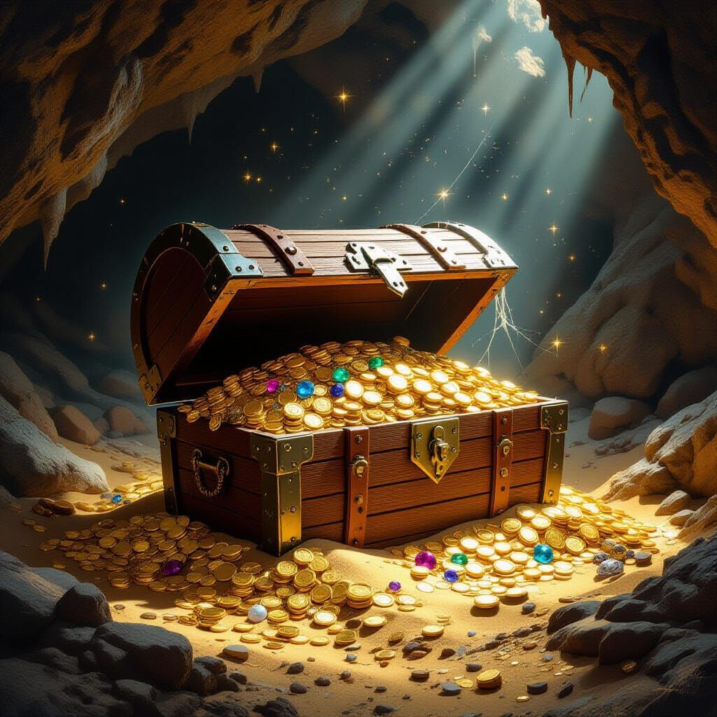 An ancient wooden treasure chest bound with iron, half-buried in golden sand, overflowing with glittering ...  by @Janice Teng