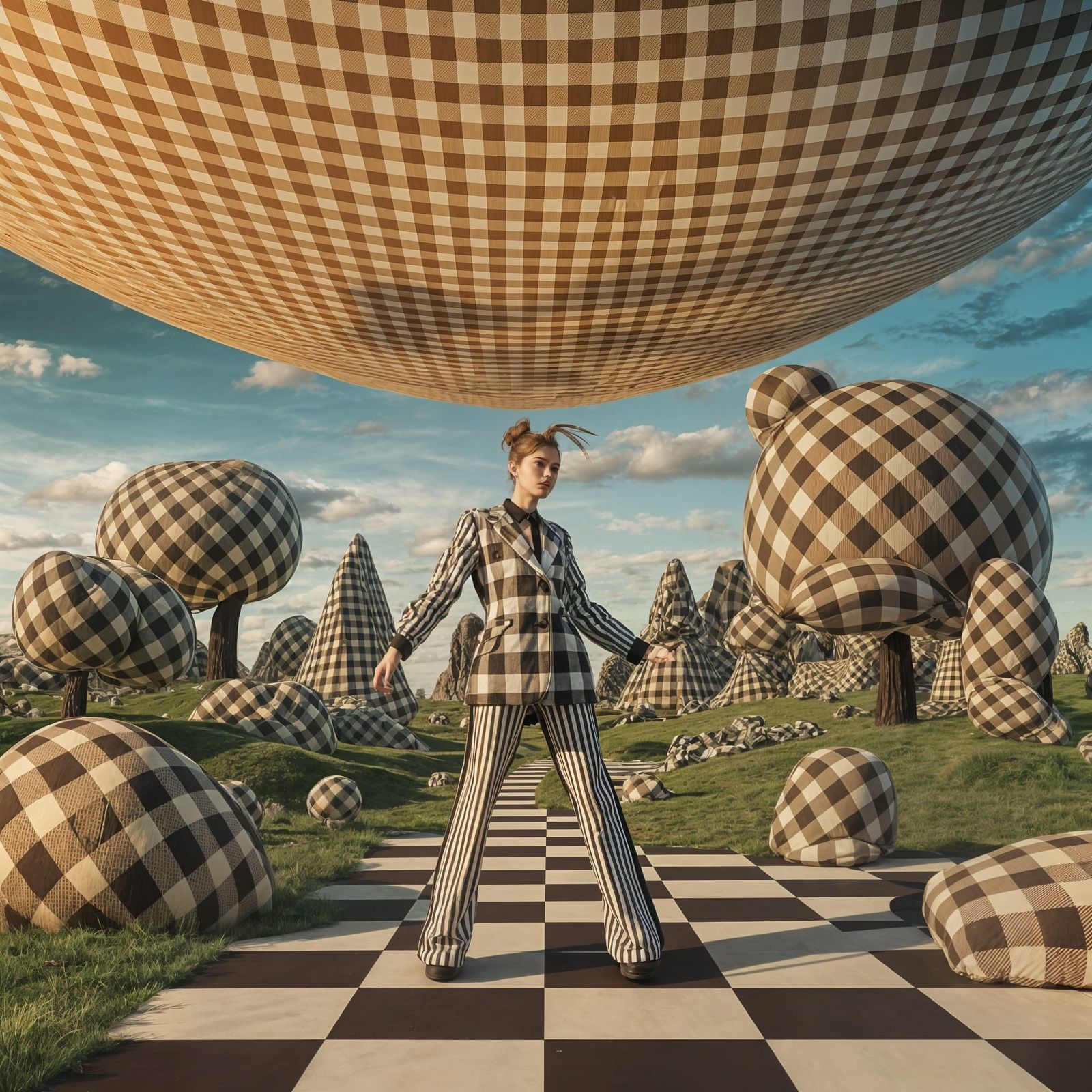 Gingham dreams: A fashion model navigates a surreal landscape of checkered wonders.  by @Phantazia