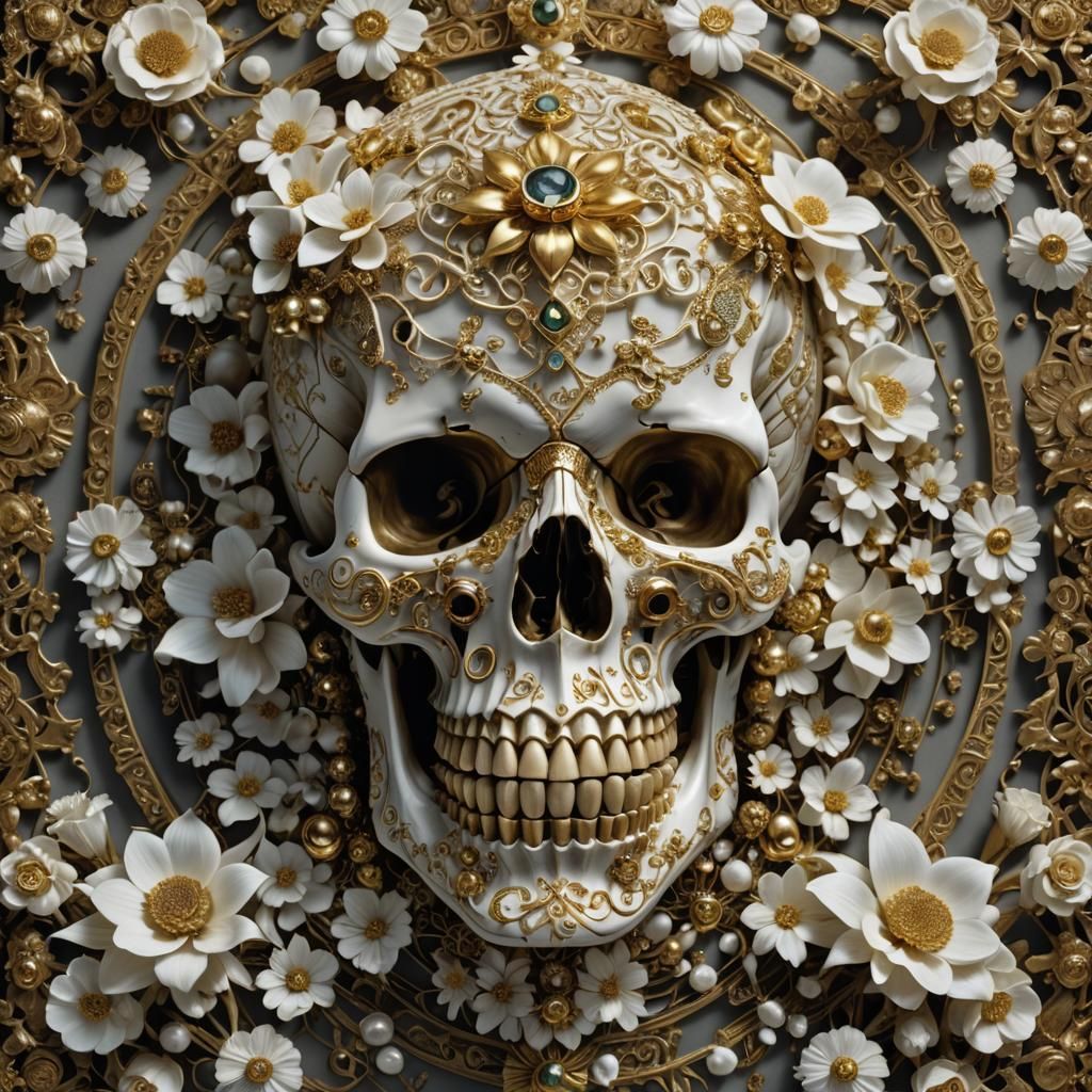A hyperrealistic photograph of a human skull adorned with in...
