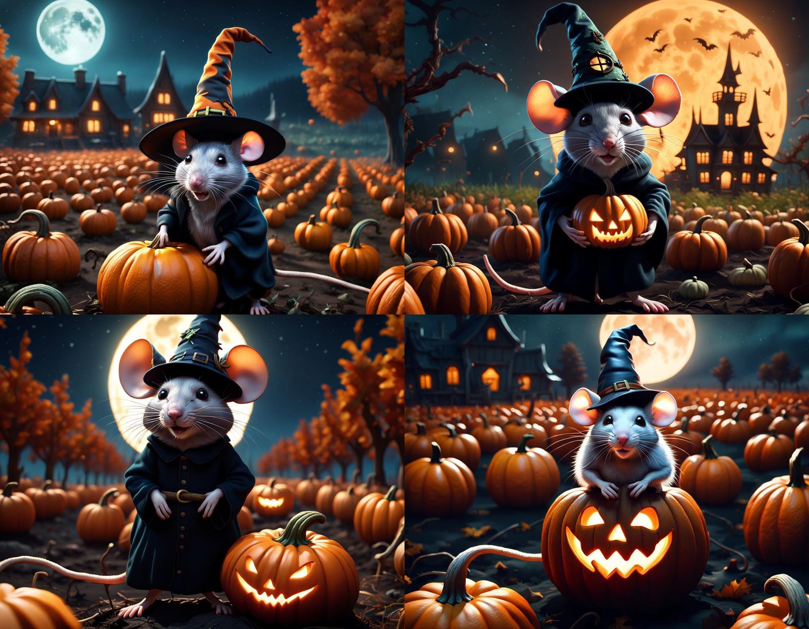 a mouse wearing a witches hat in a pumpkin patch night full moon detailed matte painting, deep color, fantastical, intri...